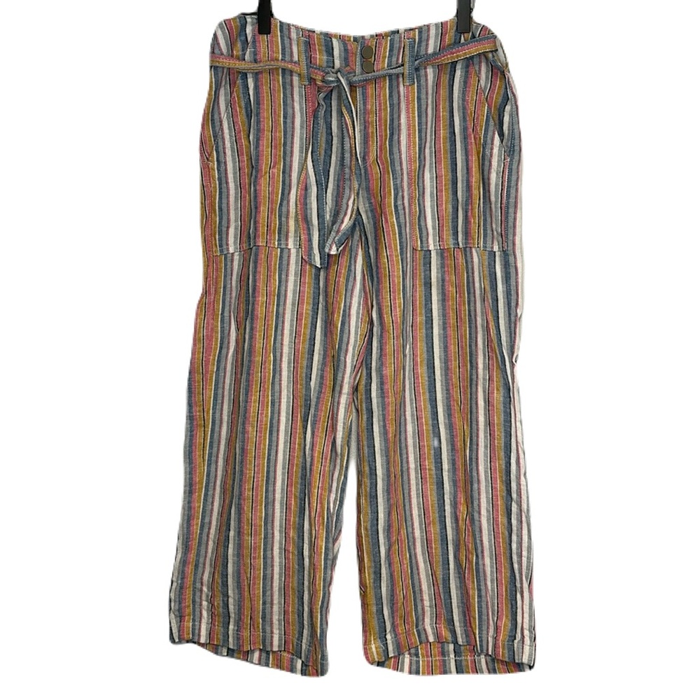 Linen Blend Wide Leg Vertical Stripe Colorful Pastel Paper Bag Pants 4 with Belt